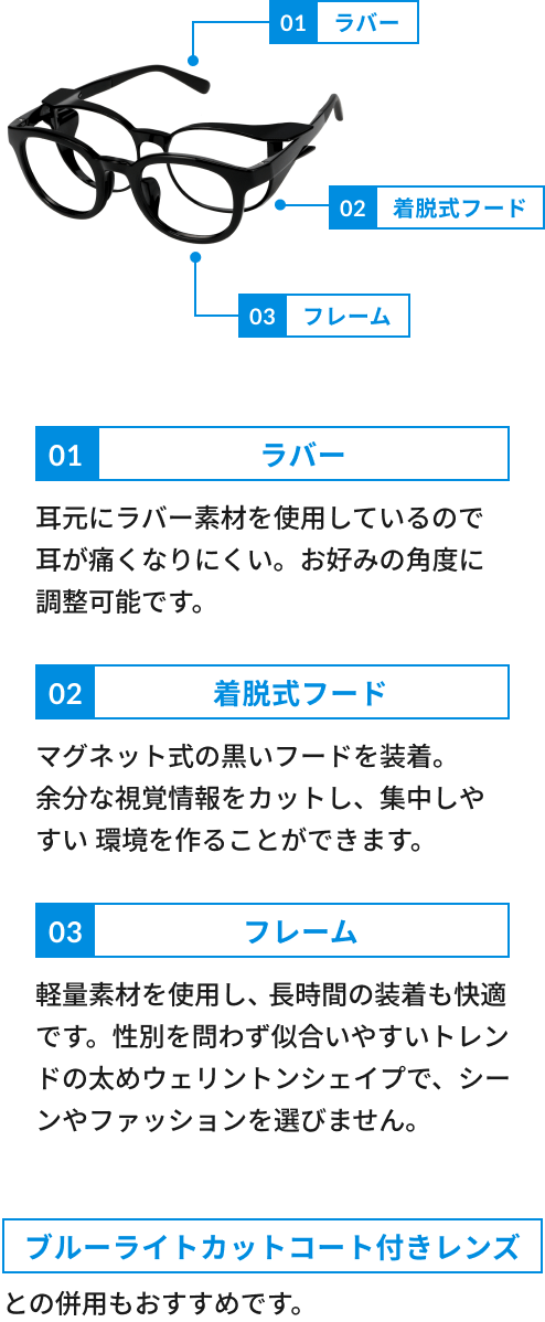 ブルーライトカットコート付きレンズとの併用もおすすめです。