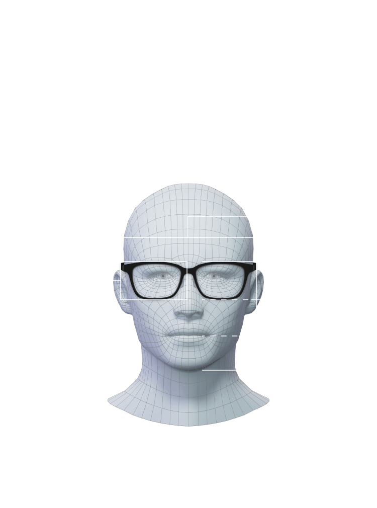 人間工学に基づいた男性平均値: こめかみにフレーム幅を合わせることで、顔幅とフレームのバランスをとり、快適なかけ心地を実現。 / 最適な瞳の位置: メガネと顔のバランスは縦横ともに2/5に位置する交差点に瞳の中心があるのが良いと言われており、平均顔データから男性の平均値を取得。 / 顔に対するフレームの最適な位置: より良い位置にメガネが装用できるように鼻パッド位置を平均顔データから算出。